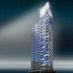 Exterior of Illumina Condos at night.